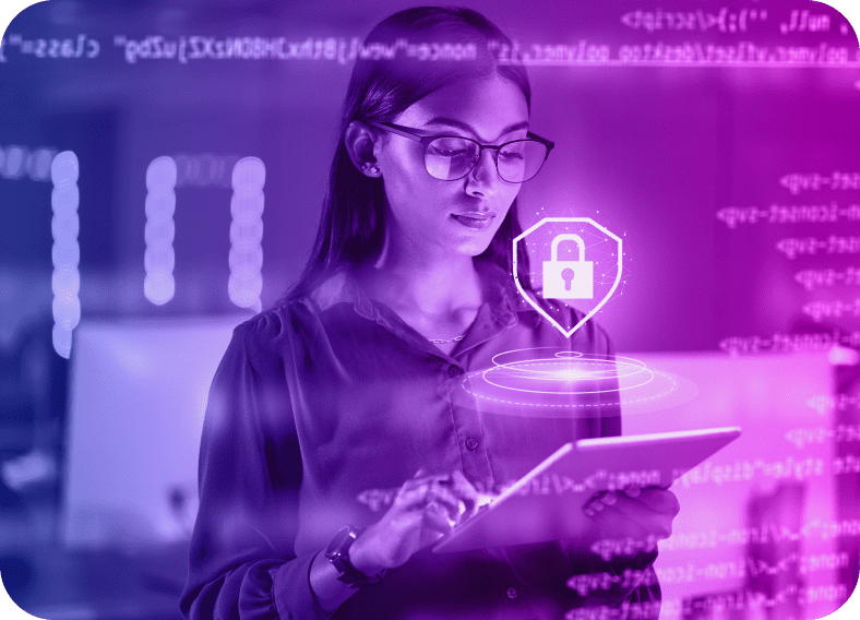 Woman using tablet with digital security overlay.