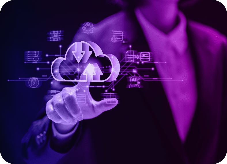 Person interacting with digital cloud interface.